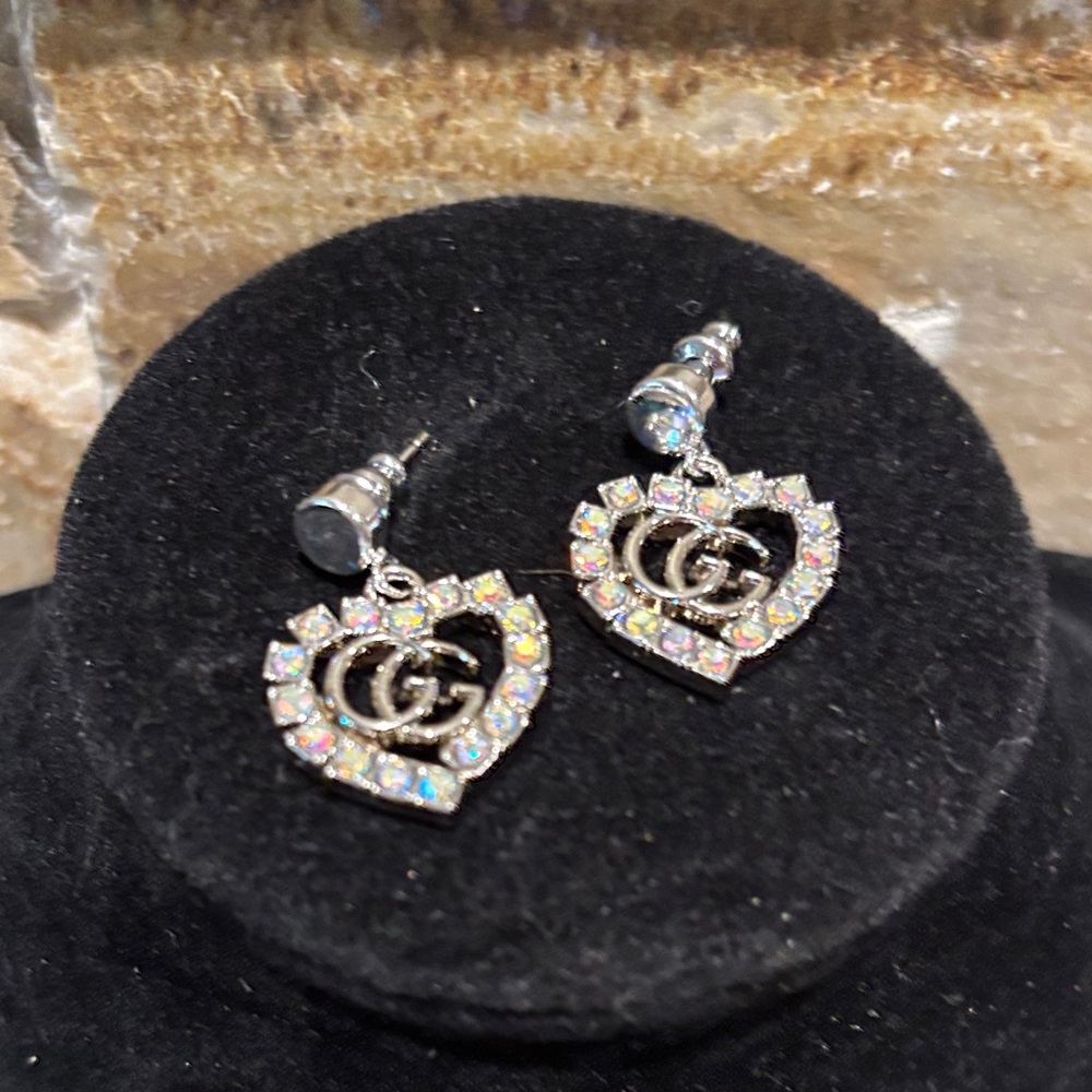 Silver Heart GG Earrings with Iridescent Crystals